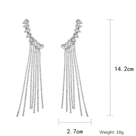 LONG TASSEL STERLING SILVER DIAMOND DROP EARRINGS - Picture 6 of 6